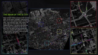 26
There will be 1 billion cameras in the world by
2020. AI will power intelligent video analytics
that can turn this massive amount of data into
safer, more efficient cities. With Jetson TX2
at the edge and Tesla GPUs in the cloud,
NVIDIA Metropolis is an end-to-end platform
that provides a foundation for the AI City.
More than two dozen partners around the
world have adopted Metropolis for a variety
of applications, from public safety to traffic
management to city services.
THE BRAIN OF THE AI CITY
 