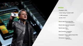 31
> Founded in 1993
> Jensen Huang, Founder & CEO
> 11,000 employees
> $6.9B in FY17
“World’s Best Performing CEOs”
— Harvard Business Review
“World’s Most Admired Companies”
— Fortune
“World’s Best CEOs”
— Barron’s
“Most Innovative Companies”
— Fast Company
“Employees’ Choice: Highest Rated CEOs”
— Glassdoor
“50 Smartest Companies”
— MIT Tech Review
NVIDIA
 