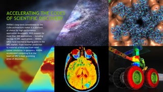 13
ACCELERATING THE CODES
OF SCIENTIFIC DISCOVERY
NVIDIA’s long-term commitment to the
CUDA architecture makes it a platform
of choice for high-performance
application developers. With support for
more than 500 applications — including
the top 15 HPC applications — NVIDIA
GPUs have reached a tipping point in the
HPC market. From weather prediction
to material science and from wind
tunnel simulation to genomics, NVIDIA
accelerated computing is at the
heart of HPC’s most promising
areas of discovery.
 