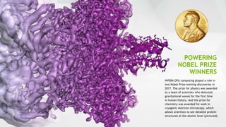 14
POWERING
NOBEL PRIZE
WINNERS
NVIDIA GPU computing played a role in
two Nobel Prize-winning discoveries in
2017. The prize for physics was awarded
to a team of scientists who detected
gravitational waves for the first time
in human history. And the prize for
chemistry was awarded for work in
cryogenic electron microscopy, which
allows scientists to see detailed protein
structures at the atomic level (pictured).
 