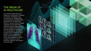 28
THE BRAIN OF
AI HEALTHCARE
AI is transforming the spectrum of
healthcare, from detection to diagnosis
to treatment. GE Healthcare has
reinvented the CT, doubling image
processing speeds by embedding GPU-
powered AI in its new Revolution
Frontier CT scanner. Nuance is helping
radiologists use AI to speed their
analysis of medical imaging by making
pre-trained algorithms and vast imaging
data sets available to them directly
via its AI Marketplace. And NVIDIA is
teaming up with the National Cancer
Institute, the U.S. Department of
Energy, and several national labs
on the “Cancer Moonshot” to deliver
a decade of advances in cancer
prevention, diagnosis, and treatment
in just five years.
 