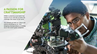 32
A PASSION FOR
CRAFTSMANSHIP
NVIDIA is united by a core belief that
mastery of our craft lets us tackle the
challenges that matter to the world.
This attitude pervades our culture and
informs everything we do, from
designing amazing products to building
one of the world’s great companies.
 