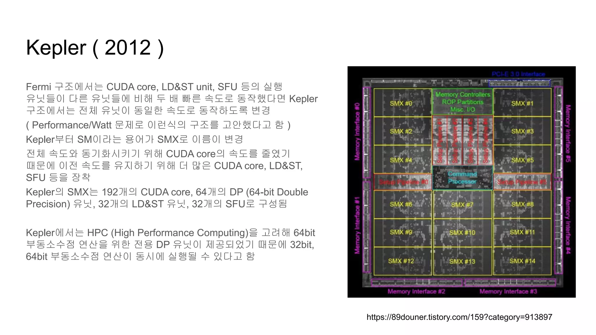 Kepler ( 2012 )
Fermi 구조에서는 CUDA core, LD&ST unit, SFU 등의 실행
유닛들이 다른 유닛들에 비해 두 배 빠른 속도로 동작했다면 Kepler
구조에서는 전체 유닛이 동일한 속도로 동작하도록 변경
( Performance/Watt 문제로 이런식의 구조를 고안했다고 함 )
Kepler부터 SM이라는 용어가 SMX로 이름이 변경
전체 속도와 동기화시키기 위해 CUDA core의 속도를 줄였기
때문에 이전 속도를 유지하기 위해 더 많은 CUDA core, LD&ST,
SFU 등을 장착
Kepler의 SMX는 192개의 CUDA core, 64개의 DP (64-bit Double
Precision) 유닛, 32개의 LD&ST 유닛, 32개의 SFU로 구성됨
Kepler에서는 HPC (High Performance Computing)을 고려해 64bit
부동소수점 연산을 위한 전용 DP 유닛이 제공되었기 때문에 32bit,
64bit 부동소수점 연산이 동시에 실행될 수 있다고 함
https://89douner.tistory.com/159?category=913897
 