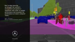 19
“Due to deep learning,
we brought the vehicle’s
environment perception a
significant step closer to human
performance and exceeded the
performance of classic computer
vision.”
Ralf G. Herrtwich
Director of Vehicle Automation, Daimler
 