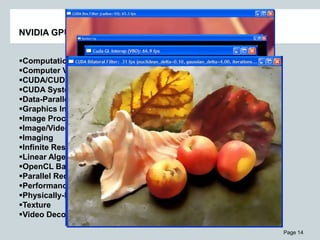 Page 14
NVIDIA GPU Computing SDK Browser Categories
Computational Finance
Computer Vision
CUDA/CUDA C Basic/Advanced Topics
CUDA System Integration
Data-Parallel Algorithms
Graphics Interop
Image Processing
Image/Video Processing(and Data Compression)
Imaging
Infinite Response Filter
Linear Algebra
OpenCL Basic/Advanced Topics
Parallel Reduction
Performance Strategies
Physically-Based Simulation
Texture
Video Decode
 
