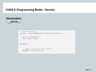 Page 16
CUDA C Programming Model - Kernels
Declaration
 __global__
 