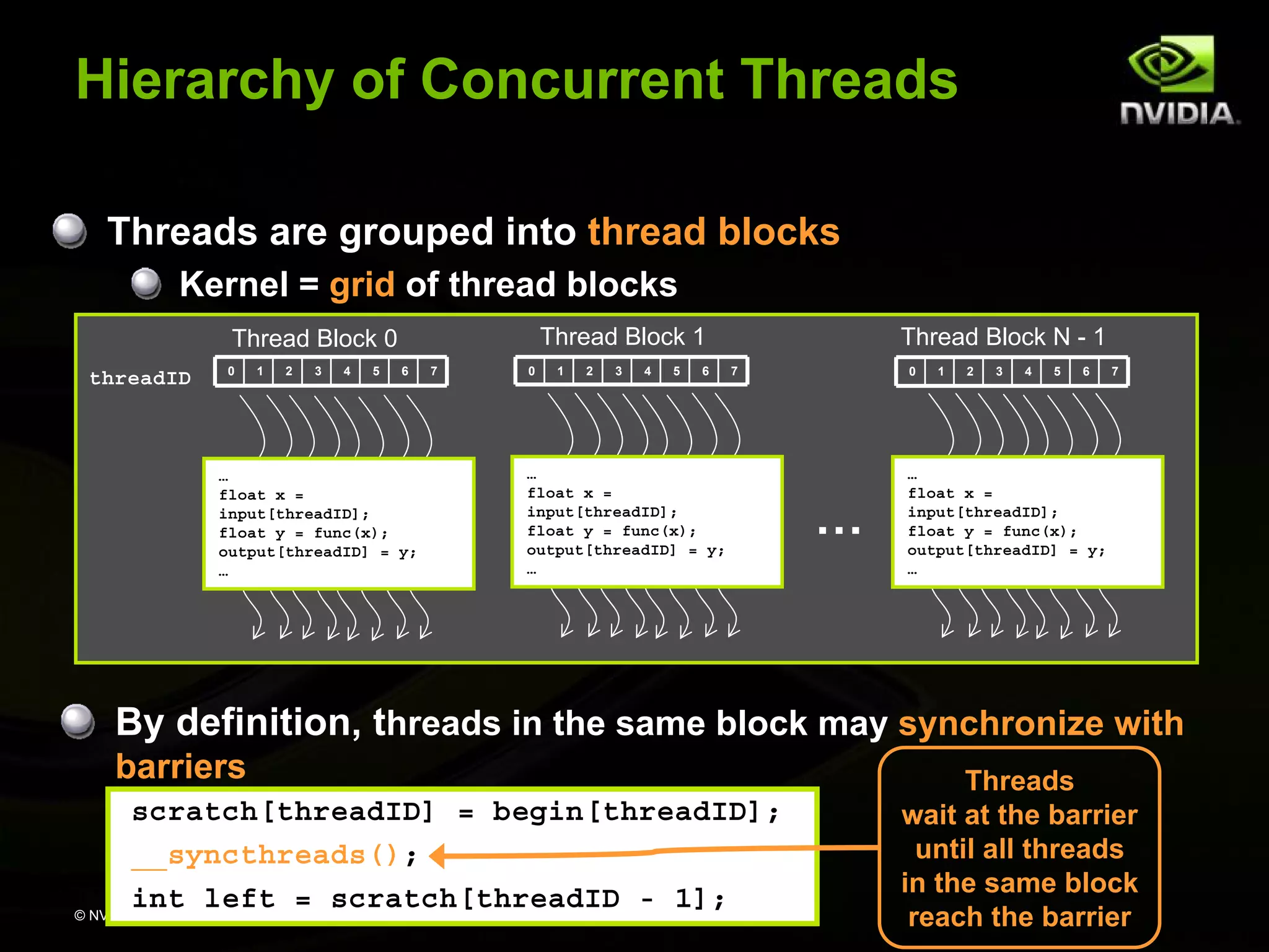 Hierarchy of Concurrent Threads
Threads are grouped into thread blocks
Kernel = grid of thread blocks
Thread Block 1

Thread Block 0
threadID

0

1

2

3

4

5

6

…
float x =
input[threadID];
float y = func(x);
output[threadID] = y;
…

7

0

1

2

3

4

5

6

Thread Block N - 1
7

…
float x =
input[threadID];
float y = func(x);
output[threadID] = y;
…

0

…

1

2

3

4

5

6

7

…
float x =
input[threadID];
float y = func(x);
output[threadID] = y;
…

By definition, threads in the same block may synchronize with
barriers
scratch[threadID] = begin[threadID];
__syncthreads();
int left = scratch[threadID - 1];
© NVIDIA Corporation 2008

Threads
wait at the barrier
until all threads
in the same block
reach the barrier

 