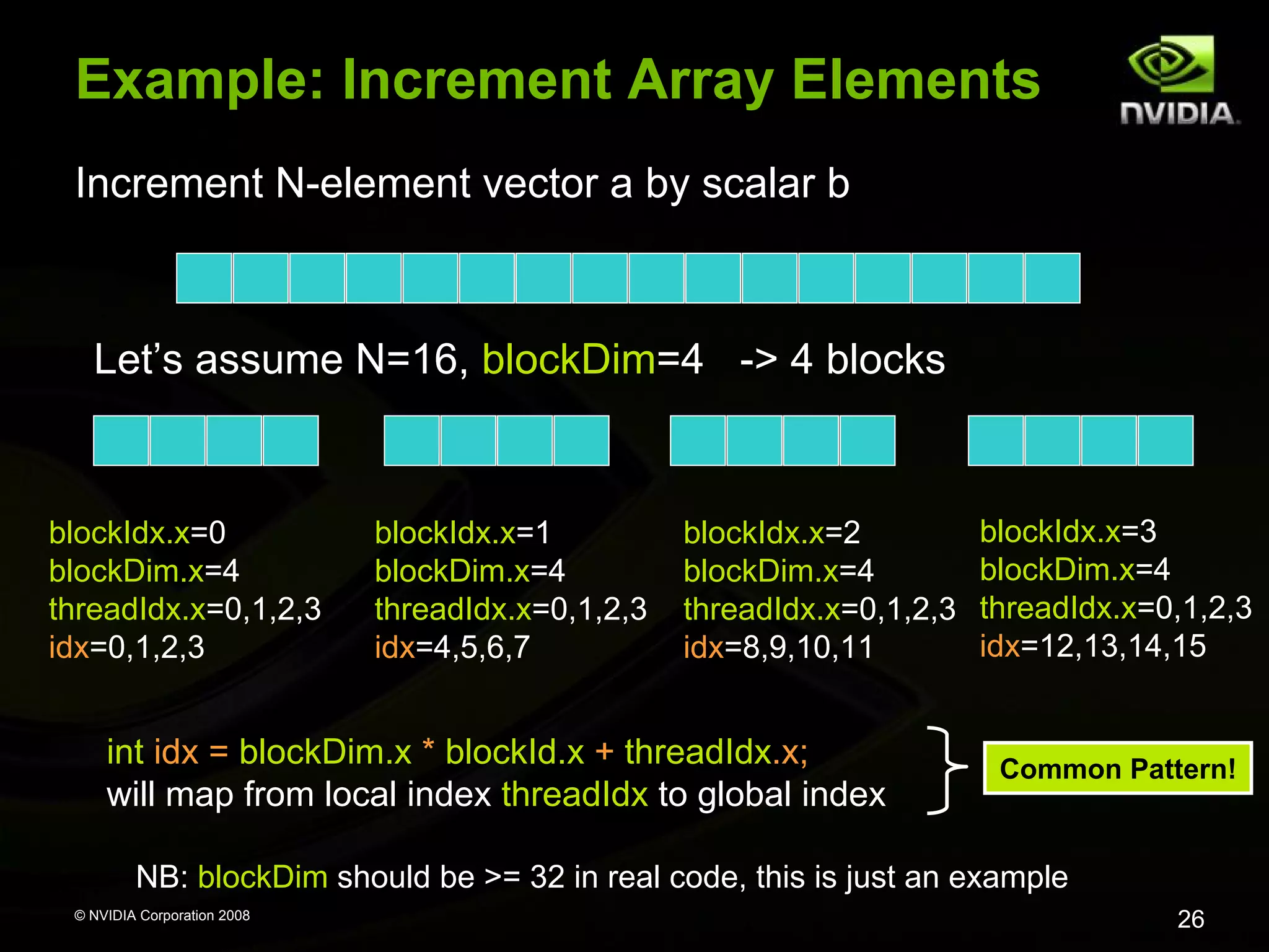 Example: Increment Array Elements
Increment N-element vector a by scalar b

Let’s assume N=16, blockDim=4 -> 4 blocks

blockIdx.x=0
blockDim.x=4
threadIdx.x=0,1,2,3
idx=0,1,2,3

blockIdx.x=1
blockDim.x=4
threadIdx.x=0,1,2,3
idx=4,5,6,7

blockIdx.x=2
blockDim.x=4
threadIdx.x=0,1,2,3
idx=8,9,10,11

int idx = blockDim.x * blockId.x + threadIdx.x;
will map from local index threadIdx to global index

blockIdx.x=3
blockDim.x=4
threadIdx.x=0,1,2,3
idx=12,13,14,15

Common Pattern!

NB: blockDim should be >= 32 in real code, this is just an example
© NVIDIA Corporation 2008

26

 