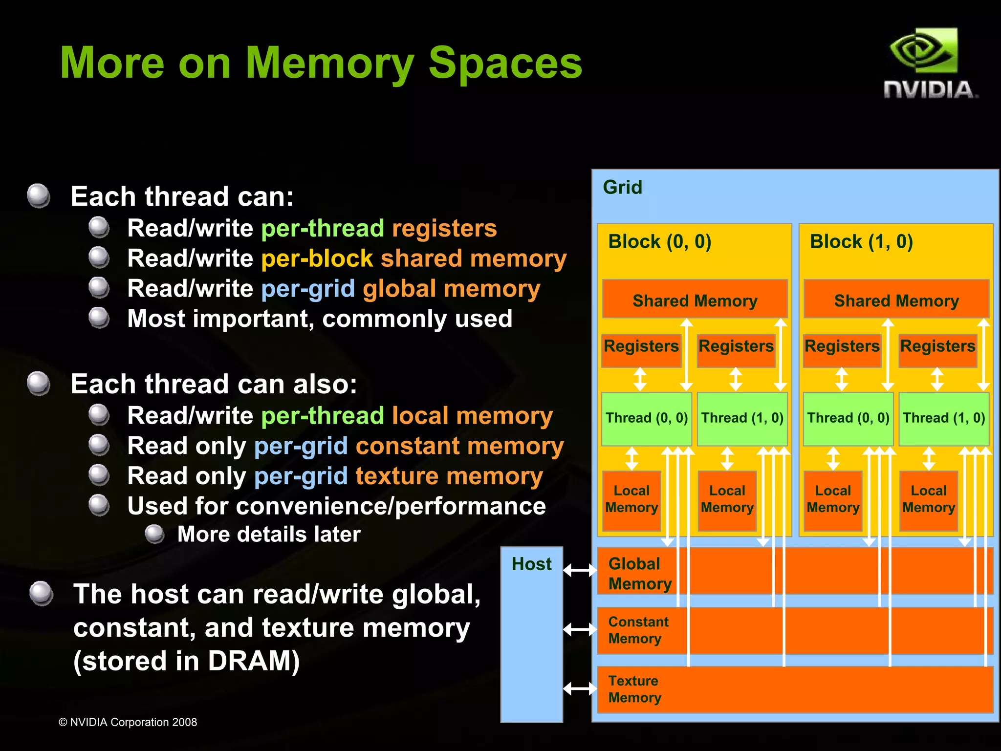 More on Memory Spaces
Grid

Each thread can:
Read/write per-thread registers
Read/write per-block shared memory
Read/write per-grid global memory
Most important, commonly used

Block (0, 0)
Shared Memory
Registers

Registers

Block (1, 0)
Shared Memory
Registers

Registers

Each thread can also:
Read/write per-thread local memory
Read only per-grid constant memory
Read only per-grid texture memory
Used for convenience/performance

Thread (0, 0) Thread (1, 0)

Thread (0, 0) Thread (1, 0)

Local
Memory

Local
Memory

More details later
Host

The host can read/write global,
constant, and texture memory
(stored in DRAM)
© NVIDIA Corporation 2008

Global
Memory
Constant
Memory
Texture
Memory

Local
Memory

Local
Memory

 