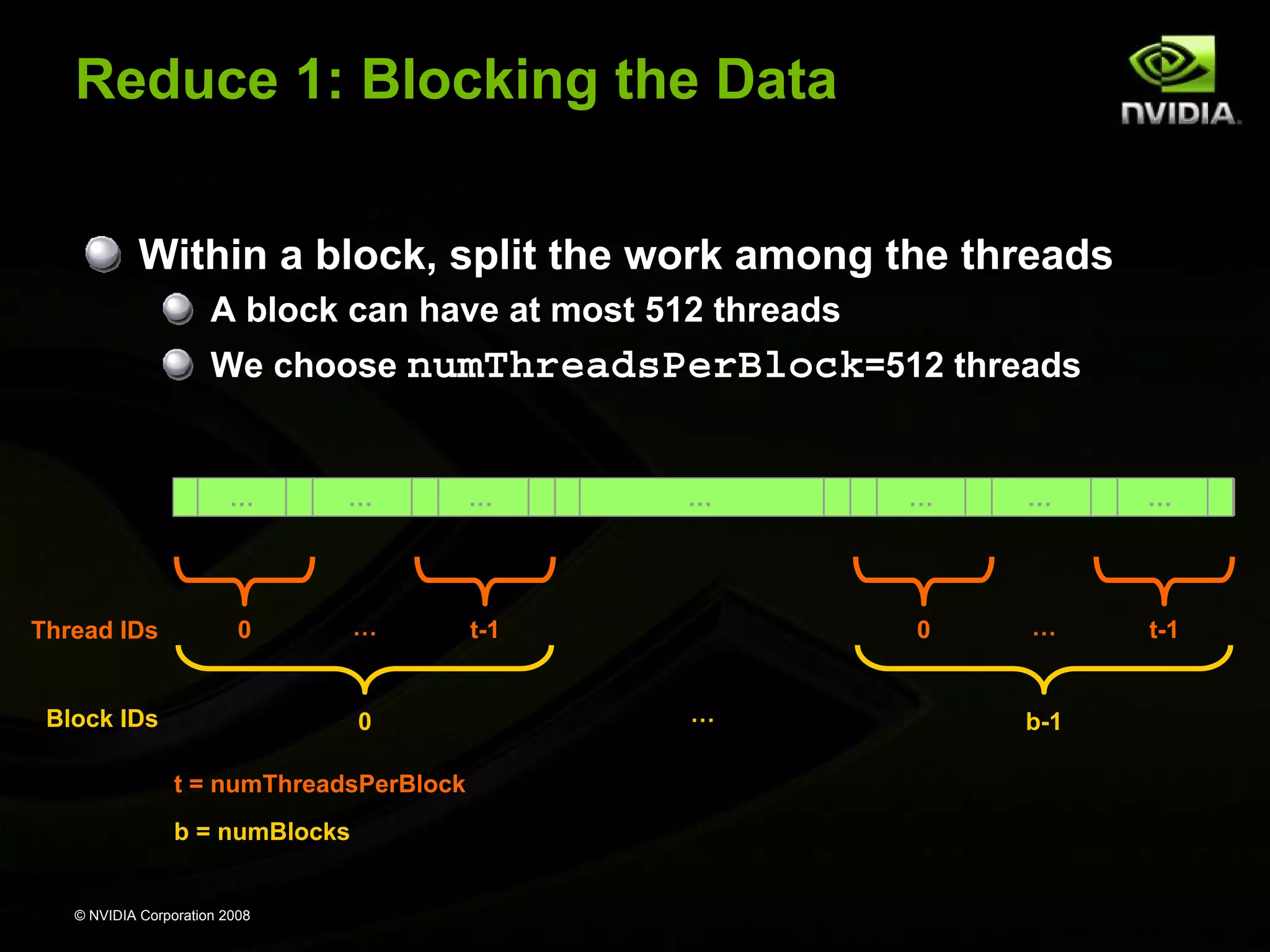 Reduce 1: Blocking the Data
Within a block, split the work among the threads
A block can have at most 512 threads
We choose numThreadsPerBlock=512 threads

…

Thread IDs

…

…

0

…

…

t-1

Block IDs

0
t = numThreadsPerBlock
b = numBlocks

© NVIDIA Corporation 2008

…

…

0
…

…

…

t-1

b-1

 