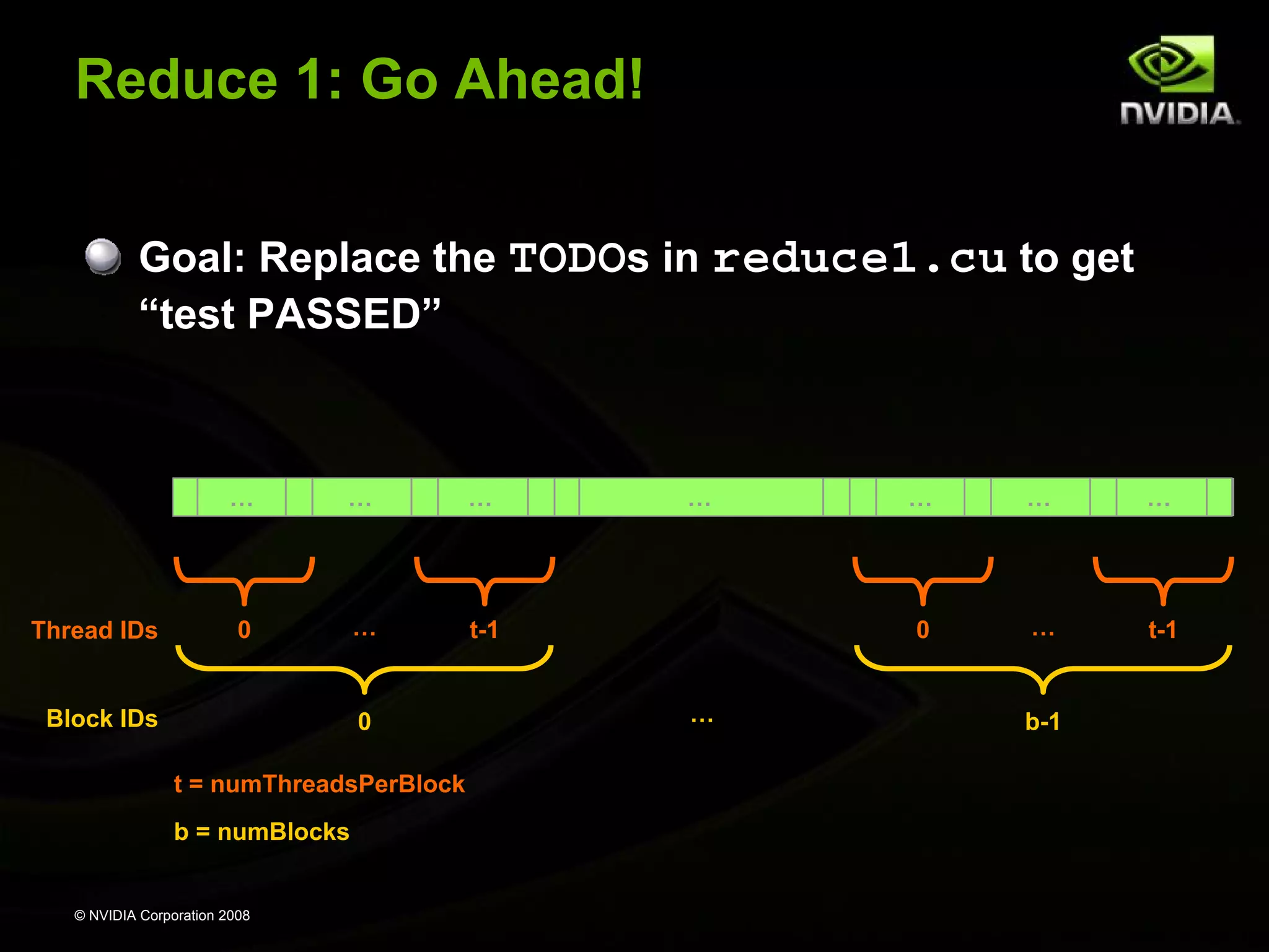 Reduce 1: Go Ahead!
Goal: Replace the TODOs in reduce1.cu to get
“test PASSED”

…

Thread IDs

…

…

0

…

…

t-1

Block IDs

0
t = numThreadsPerBlock
b = numBlocks

© NVIDIA Corporation 2008

…

…

0
…

…

…

t-1

b-1

 