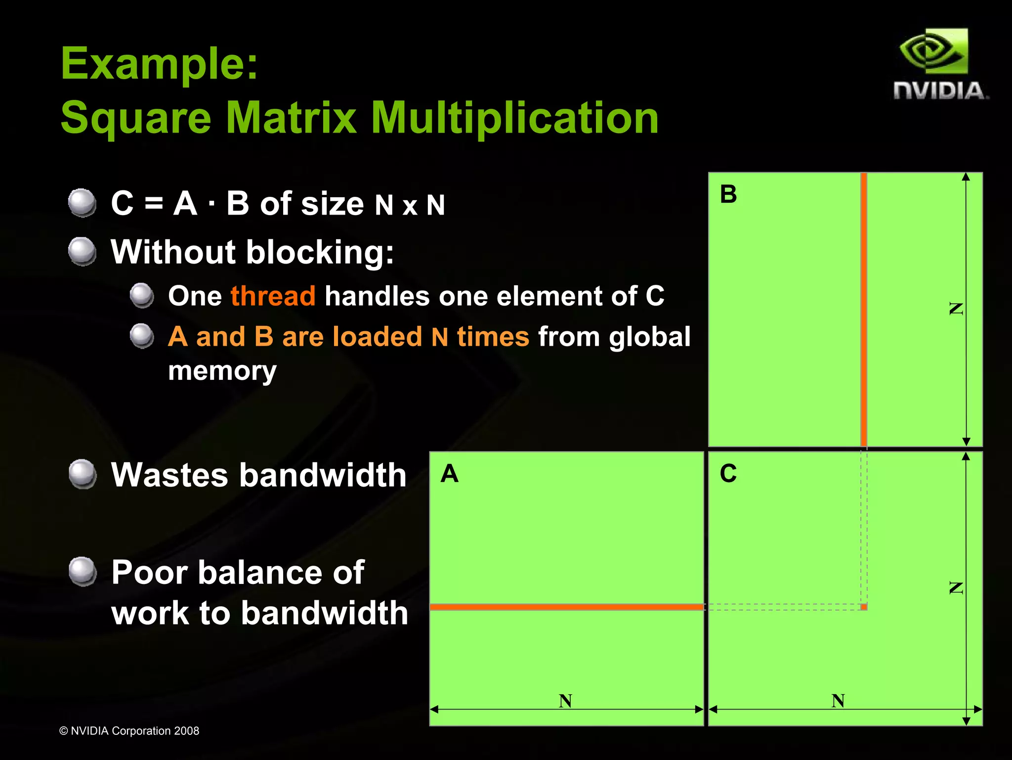 Example:
Square Matrix Multiplication
B

C = A · B of size N x N
Without blocking:

Wastes bandwidth

A

N

One thread handles one element of C
A and B are loaded N times from global
memory

C

N

Poor balance of
work to bandwidth
N
© NVIDIA Corporation 2008

N

 