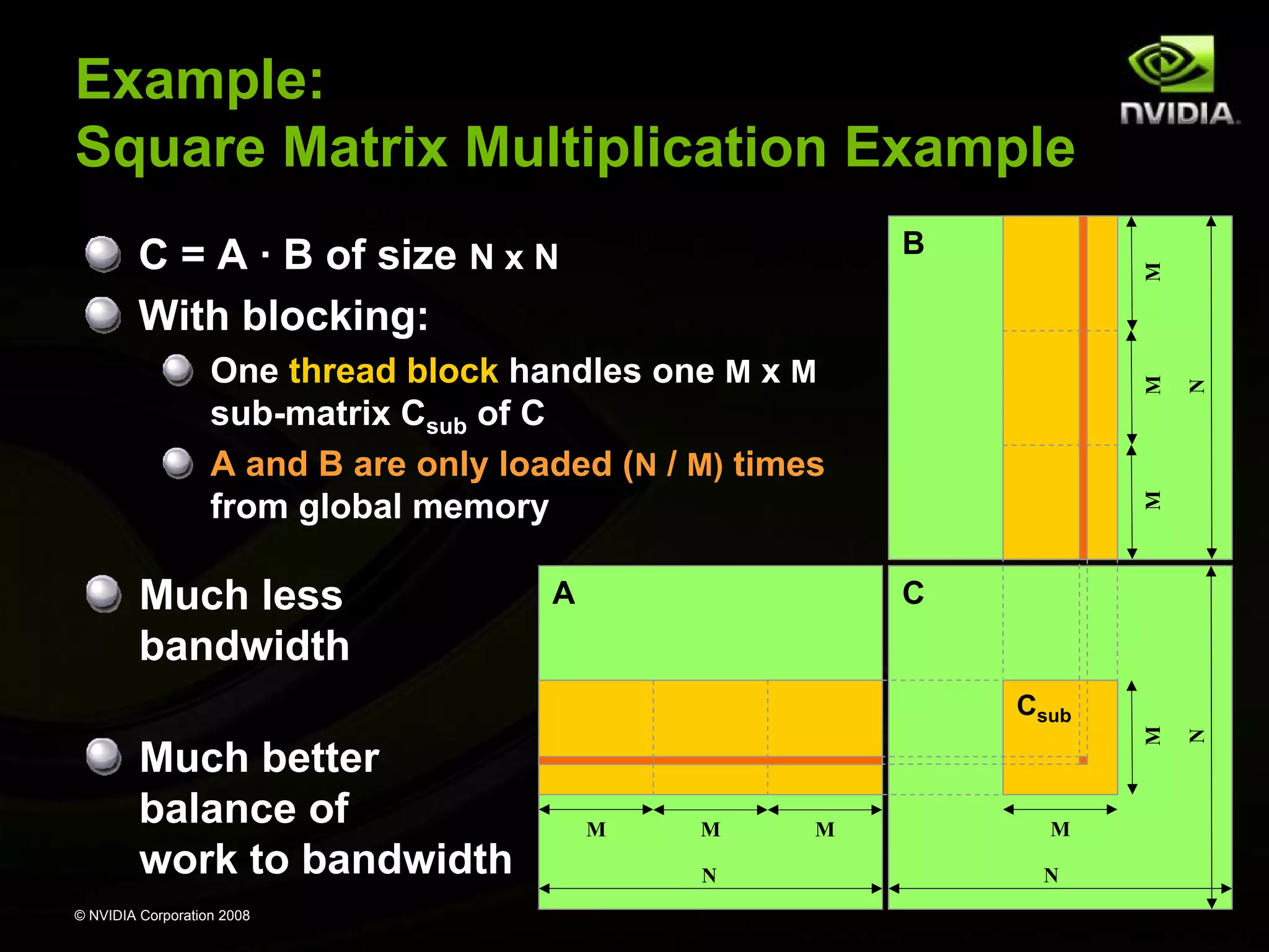 Example:
Square Matrix Multiplication Example
B

M

C
Csub

Much better
balance of
work to bandwidth
© NVIDIA Corporation 2008

M

M
N

M

M
N

N

A

M

Much less
bandwidth

M

One thread block handles one M x M
sub-matrix Csub of C
A and B are only loaded (N / M) times
from global memory

N

M

C = A · B of size N x N
With blocking:

 