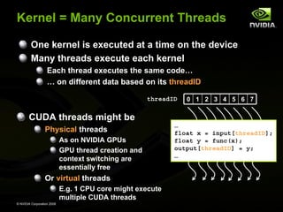 Kernel = Many Concurrent Threads
One kernel is executed at a time on the device
Many threads execute each kernel
Each thread executes the same code…
… on different data based on its threadID
threadID

0 1 2 3 4 5 6 7

CUDA threads might be
Physical threads
As on NVIDIA GPUs
GPU thread creation and
context switching are
essentially free

Or virtual threads
E.g. 1 CPU core might execute
multiple CUDA threads
© NVIDIA Corporation 2008

…
float x = input[threadID];
float y = func(x);
output[threadID] = y;
…

 
