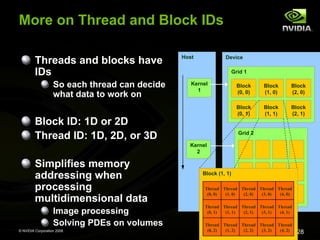 More on Thread and Block IDs
Threads and blocks have
IDs
So each thread can decide
what data to work on

Host

Device
Grid 1

Kernel
1

Block
(1, 0)

Block
(2, 0)

Block
(0, 1)

Block ID: 1D or 2D
Thread ID: 1D, 2D, or 3D

Block
(0, 0)

Block
(1, 1)

Block
(2, 1)

Grid 2
Kernel
2

Simplifies memory
addressing when
processing
multidimensional data
Image processing
Solving PDEs on volumes
© NVIDIA Corporation 2008

Block (1, 1)
Thread Thread Thread Thread Thread
(0, 0)
(1, 0)
(2, 0)
(3, 0)
(4, 0)
Thread Thread Thread Thread Thread
(0, 1)
(1, 1)
(2, 1)
(3, 1)
(4, 1)
Thread Thread Thread Thread Thread
(0, 2)
(1, 2)
(2, 2)
(3, 2)
(4, 2)

28

 