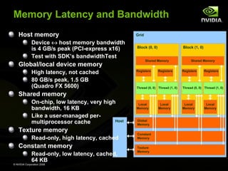 Memory Latency and Bandwidth
Host memory
Device ↔ host memory bandwidth
is 4 GB/s peak (PCI-express x16)
Test with SDK’s bandwidthTest

Global/local device memory
High latency, not cached
80 GB/s peak, 1.5 GB
(Quadro FX 5600)

Grid
Block (0, 0)

Block (1, 0)

Shared Memory
Registers

Registers

Shared Memory
Registers

Registers

Thread (0, 0) Thread (1, 0)

Thread (0, 0) Thread (1, 0)

Local
Memory

Local
Memory

Shared memory
On-chip, low latency, very high
bandwidth, 16 KB
Like a user-managed perHost
multiprocessor cache

Texture memory
Read-only, high latency, cached

Constant memory
Read-only, low latency, cached,
64 KB
© NVIDIA Corporation 2008

Global
Memory
Constant
Memory
Texture
Memory

Local
Memory

Local
Memory

 