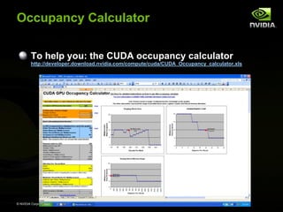 Occupancy Calculator
To help you: the CUDA occupancy calculator

http://developer.download.nvidia.com/compute/cuda/CUDA_Occupancy_calculator.xls

# of active warps per multiprocessor
maximum # of active warps per multiprocessor

© NVIDIA Corporation 2008

 