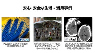安心・安全な生活 – 活用事例
Paypal:不正決済の検出の
誤報率が50%低減
herta Security:スマート監視
カメラにより空港やショッピング
モールの公共安全を向上
vRad:CTスキャン画像により、潜
在的に頭蓋内の出血の可能性
が高い箇所を特定し、予防
 