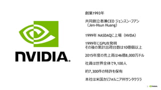 2
創業1993年
共同創立者兼CEO ジェンスン・フアン
（Jen-Hsun Huang）
1999年 NASDAQに上場（NVDA）
1999年にGPUを発明
その後の累計出荷台数は10億個以上
2015年度の売上高は46億8,000万ドル
社員は世界全体で9,100人
約7,300件の特許を保有
本社は米国カリフォルニア州サンタクララ
 