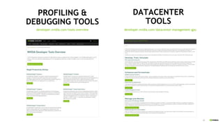 10
DATACENTER
TOOLS
developer.nvidia.com/tools-overview
PROFILING &
DEBUGGING TOOLS
developer.nvidia.com/datacenter-management-gpu
 