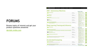 15
FORUMS
Browse topics of interest and get your
product questions answered
devtalk.nvidia.com
 