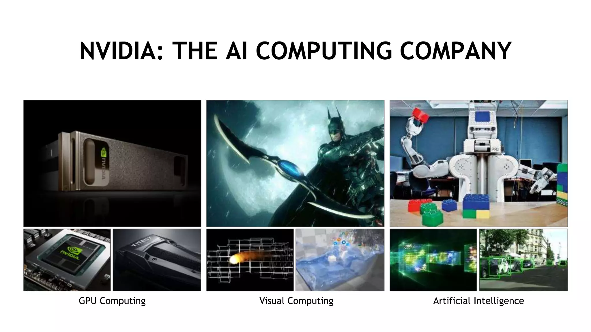 2
NVIDIA: THE AI COMPUTING COMPANY
GPU Computing Visual Computing Artificial Intelligence
 