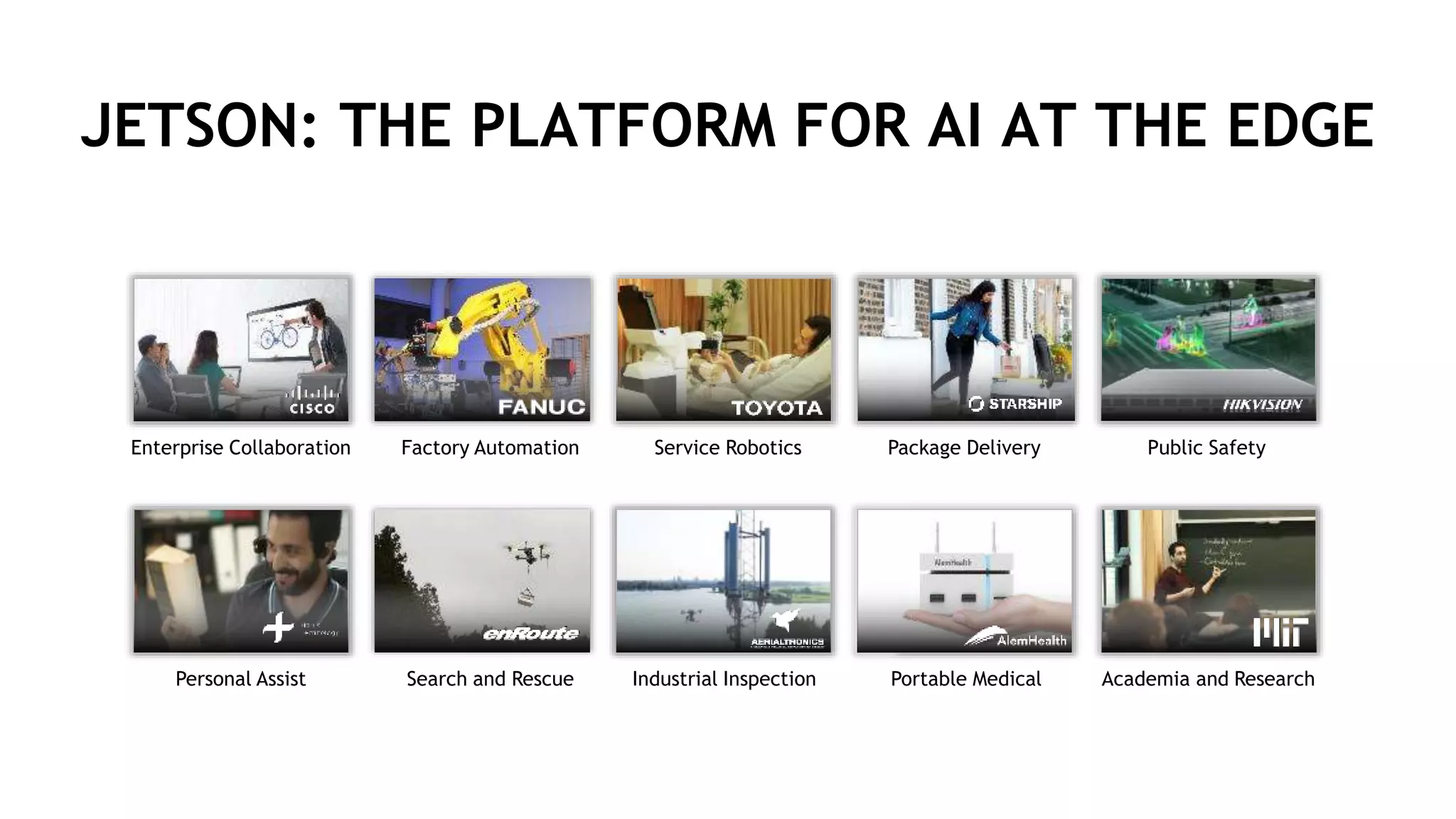 7
JETSON: THE PLATFORM FOR AI AT THE EDGE
Industrial InspectionSearch and Rescue
Package DeliveryFactory AutomationEnterprise Collaboration Public Safety
Personal Assist
Service Robotics
Portable Medical Academia and Research
 