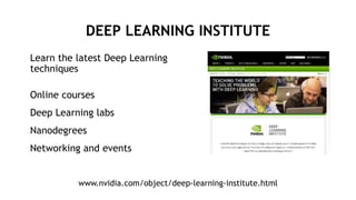 24
DEEP LEARNING INSTITUTE
Learn the latest Deep Learning
techniques
Online courses
Deep Learning labs
Nanodegrees
Networking and events
www.nvidia.com/object/deep-learning-institute.html
 