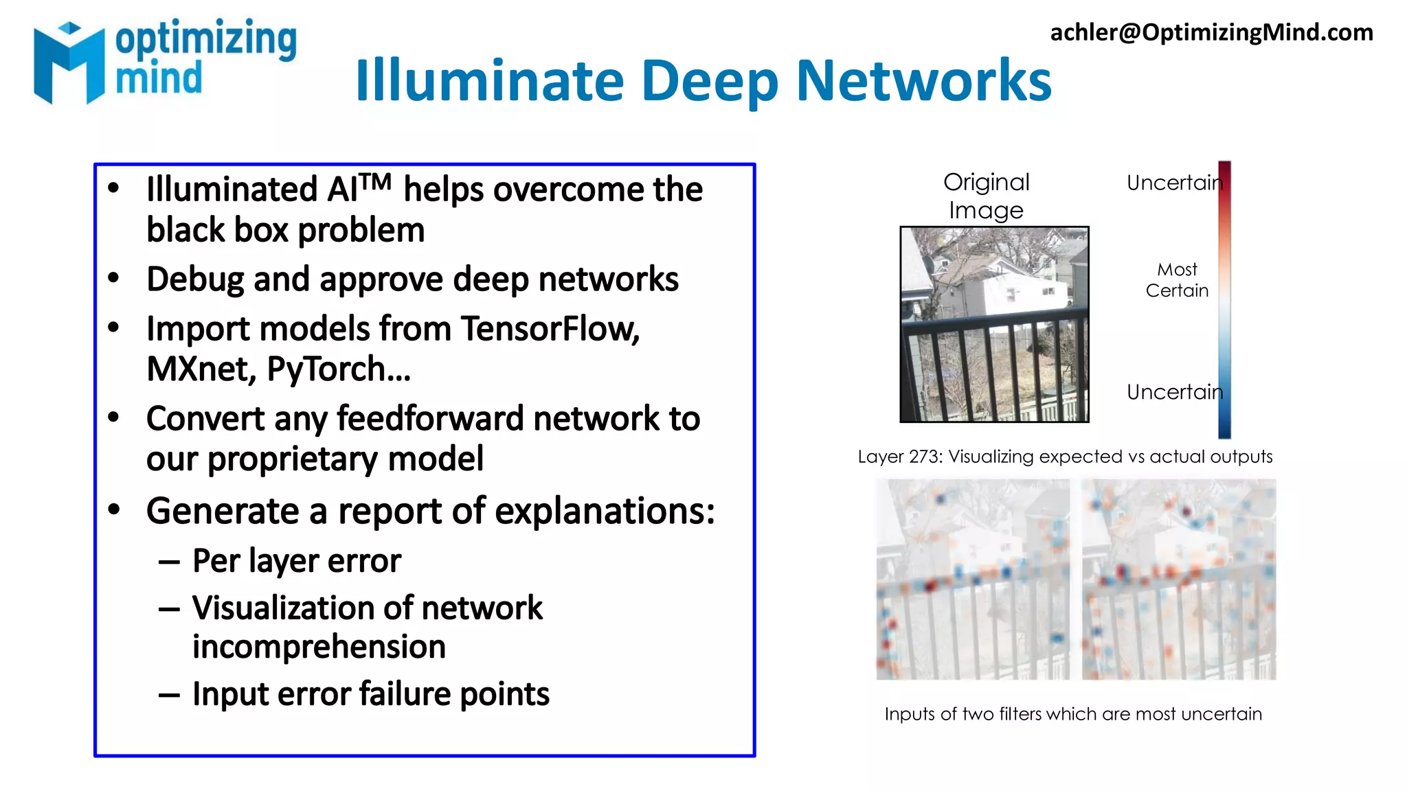 Illuminate Deep Networks
achler@OptimizingMind.com
Original
Image
Most
Certain
Uncertain
Layer 273: Visualizing expected vs actual outputs
Uncertain
Inputs of two filters which are most uncertain
 