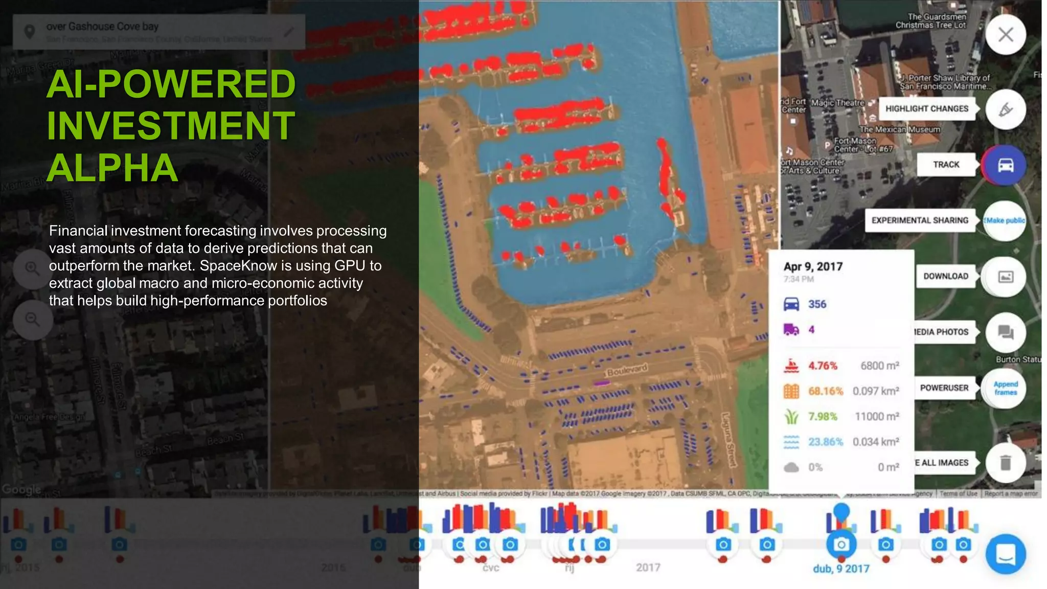 59
Financial investment forecasting involves processing
vast amounts of data to derive predictions that can
outperform the market. SpaceKnow is using GPU to
extract global macro and micro-economic activity
that helps build high-performance portfolios
AI-POWERED
INVESTMENT
ALPHA
 