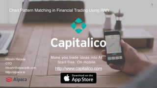 1
Make you trade ideas into AI.
Start free. On mobile.
Hitoshi Harada
CTO
hitoshi@alpacadb.com
http://alpaca.ai
Chart Pattern Matching in Financial Trading Using RNN
http://www.capitalico.com
 