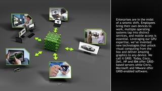 Enterprises are in the midst
of a seismic shift. Employees
bring their own devices to
work, multiple operating
systems tap into distinct
services, and mobile access is
essential. Leveraging our GPU
expertise, we’ve invented
new technologies that unlock
visual computing from the
box and deliver amazing
graphics to any device. We
call it GRID. Today, Cisco,
Dell, HP and IBM offer GRID-
based servers while Citrix,
Microsoft and VMware offer
GRID-enabled software.
 