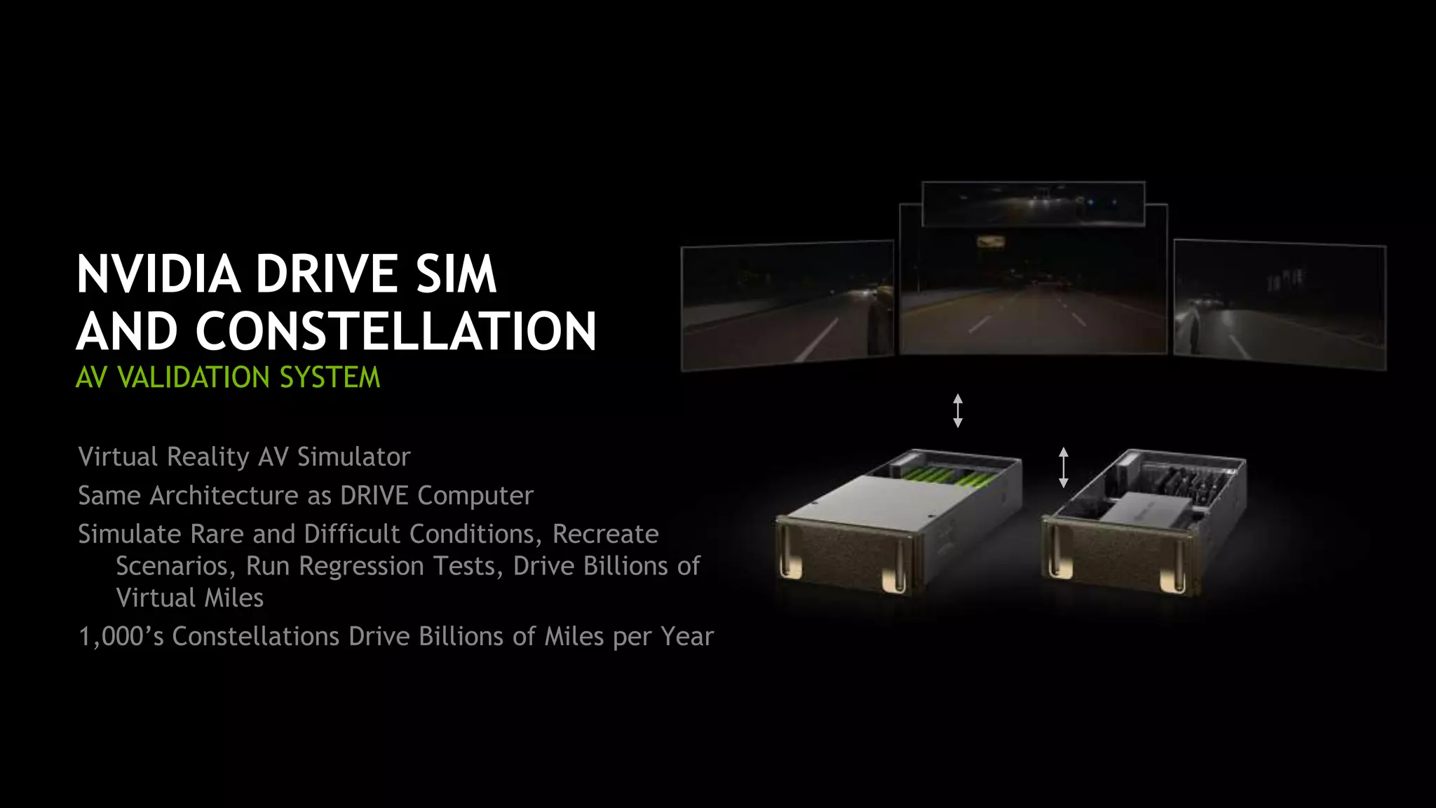 16
NVIDIA DRIVE SIM
AND CONSTELLATION
AV VALIDATION SYSTEM
Virtual Reality AV Simulator
Same Architecture as DRIVE Computer
Simulate Rare and Difficult Conditions, Recreate
Scenarios, Run Regression Tests, Drive Billions of
Virtual Miles
1,000’s Constellations Drive Billions of Miles per Year
 