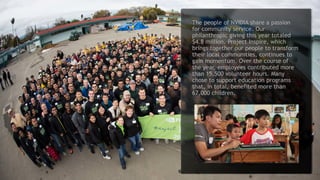 16
The people of NVIDIA share a passion
for community service. Our
philanthropic giving this year totaled
$4.8 million. Project Inspire, which
brings together our people to transform
their local communities, continues to
gain momentum. Over the course of
the year, employees contributed more
than 15,500 volunteer hours. Many
chose to support education programs
that, in total, benefited more than
67,000 children.
 