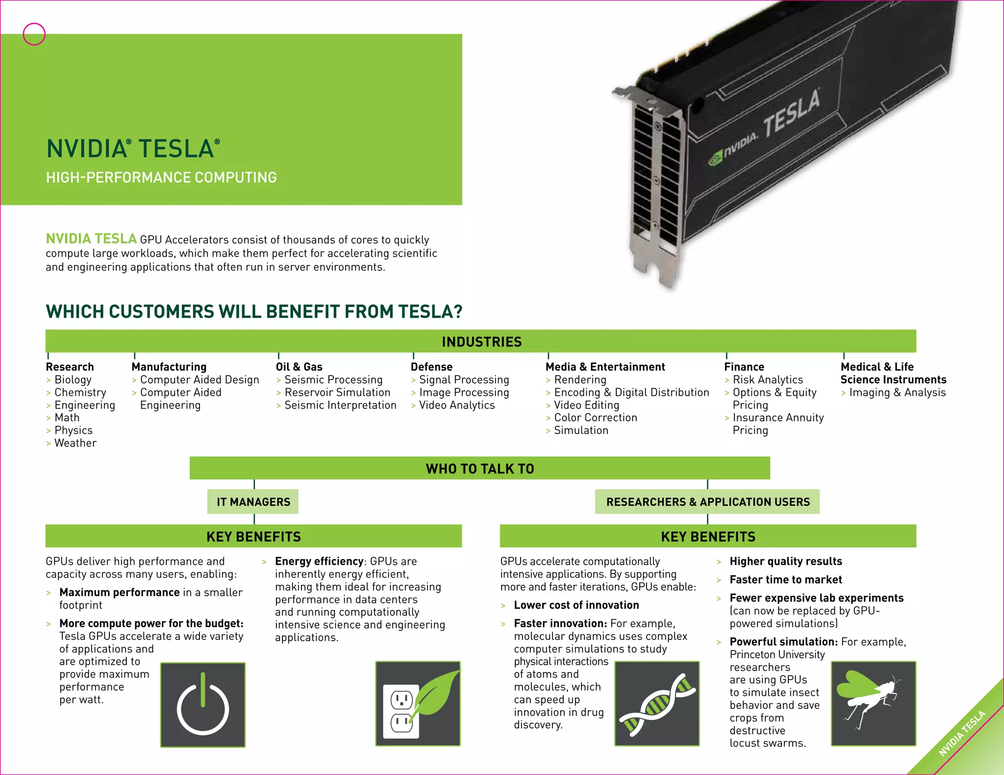 NVIDIA
®
TESLA
®
high-performance computing
NVIDIA TESLA GPU Accelerators consist of thousands of cores to quickly
compute large workloads, which make them perfect for accelerating scientific
and engineering applications that often run in server environments.
Which customers will benefit from Tesla?
KEY BENEFITS KEY BENEFITS
WHO TO TALK TO
IT MANAGERS Researchers & Application Users
GPUs deliver high performance and
capacity across many users, enabling:
>	 Maximum performance in a smaller
footprint
>	 More compute power for the budget:
Tesla GPUs accelerate a wide variety
of applications and
are optimized to
provide maximum
performance
per watt.
>	 Energy efficiency: GPUs are
inherently energy efficient,
making them ideal for increasing
performance in data centers
and running computationally
intensive science and engineering
applications.
GPUs accelerate computationally
intensive applications. By supporting
more and faster iterations, GPUs enable:
>	 Lower cost of innovation
>	 Faster innovation: For example,
molecular dynamics uses complex
computer simulations to study
physical interactions
of atoms and
molecules, which
can speed up
innovation in drug
discovery.
>	 Higher quality results
>	 Faster time to market
>	 Fewer expensive lab experiments
(can now be replaced by GPU-
powered simulations)
>	 Powerful simulation: For example,
Princeton University
researchers
are using GPUs
to simulate insect
behavior and save
crops from
destructive
locust swarms.
Research
> Biology
> Chemistry
> Engineering
> Math
> Physics
> Weather
Manufacturing
> Computer Aided Design
> Computer Aided
Engineering
Oil & Gas
> Seismic Processing
> Reservoir Simulation
> Seismic Interpretation
Defense
> Signal Processing
> Image Processing
> Video Analytics
Finance
> Risk Analytics
> Options & Equity
Pricing
> Insurance Annuity
Pricing
Medical & Life
Science Instruments
> Imaging & Analysis
Media & Entertainment
> Rendering
> Encoding & Digital Distribution
> Video Editing
> Color Correction
> Simulation
INDUSTRIES
N
VIDIA
TESLA
 