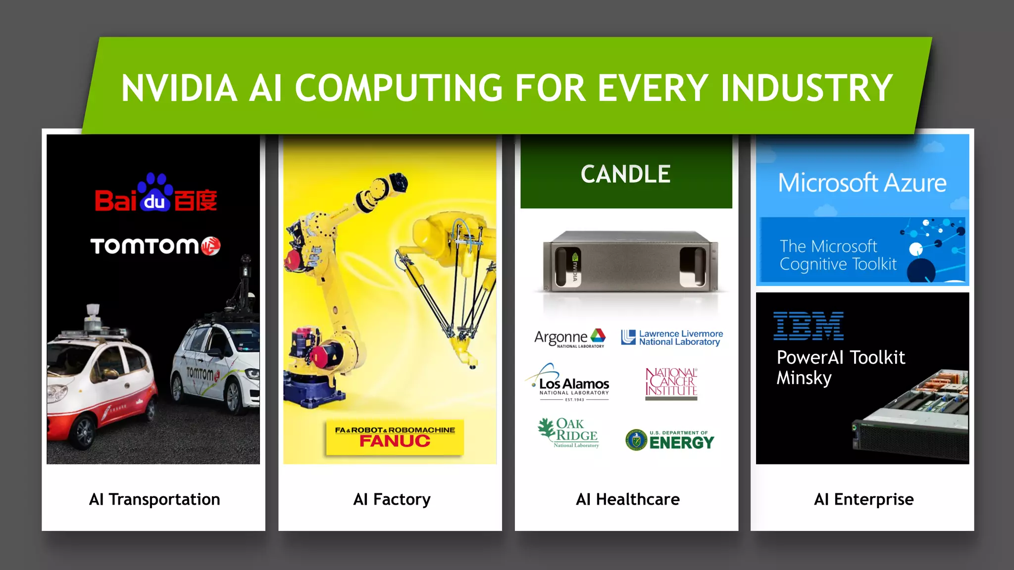 17
AI EnterpriseAI Transportation AI Factory AI Healthcare
PowerAI Toolkit
Minsky
CANDLE
NVIDIA AI COMPUTING FOR EVERY INDUSTRY
 