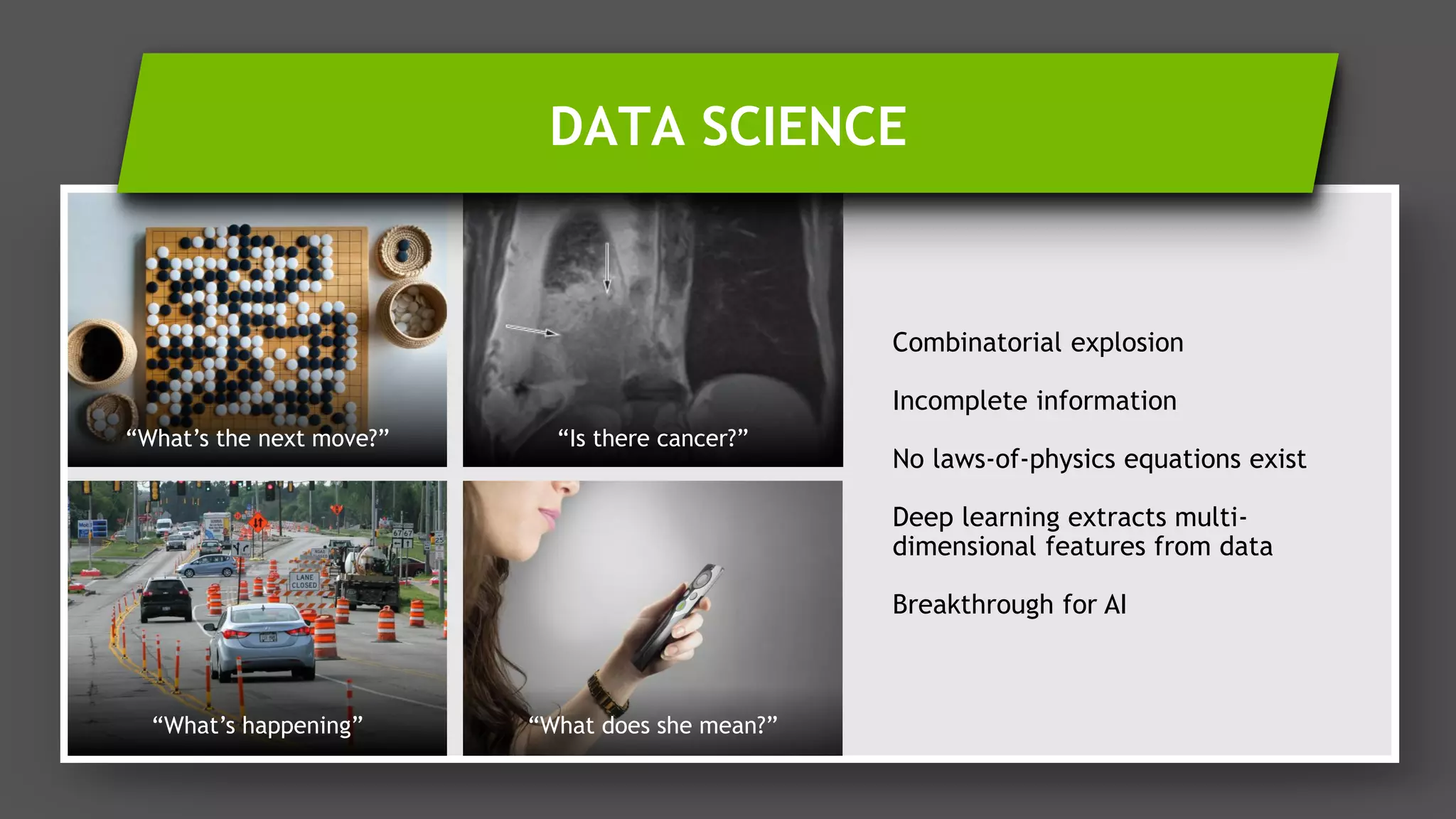 4
Combinatorial explosion
Incomplete information
No laws-of-physics equations exist
Deep learning extracts multi-
dimensional features from data
Breakthrough for AI
“What’s the next move?” “Is there cancer?”
“What’s happening” “What does she mean?”
DATA SCIENCE
 