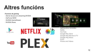Altres funcións
Aplicacións incluides
Netflix
YouTube
Google Play Store
Google Play Movies & TV
Google Play Music
PLEX
Photos and Videos
Funcions de gaming
Servei de jocs en streaming NVIDIA
GeForce NOW
NVIDIA GameStream
NVIDIA Share
12
 