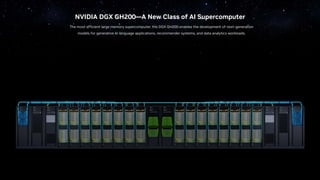 NVIDIA DGX GH200—A New Class of AI Supercomputer
The most efficient large memory supercomputer, the DGX GH200 enables the development of next-generation
models for generative AI language applications, recommender systems, and data analytics workloads.
 