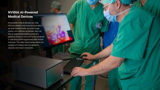 NVIDIA AI-Powered
Medical Devices
AI-powered medical devices can help
clinicians detect and measure anomalies,
up-level surgical skills, enhance image
quality, and optimize workflows. Here we
see an augmented reality overlay of a
patient’s anatomy from a CT scan, rendered
in real time and AI-augmented with NVIDIA
Holoscan. The video feed overlay allows the
surgeons to clearly view the patient’s
vascular and tissue structures.
 