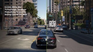 NVIDIA DRIVE Sim
Turbocharges Developer
Productivity to Get Self-
Driving Cars on the Road
With NVIDIA DRIVE™ Sim, features such as road
elevation, road markings, islands, traffic
signals, signs, and vertical posts are replicated
at centimeter-level accuracy. Autonomous
vehicles can drive millions of miles in a wide
range of simulated scenarios so they hit the
road running, safely.
 