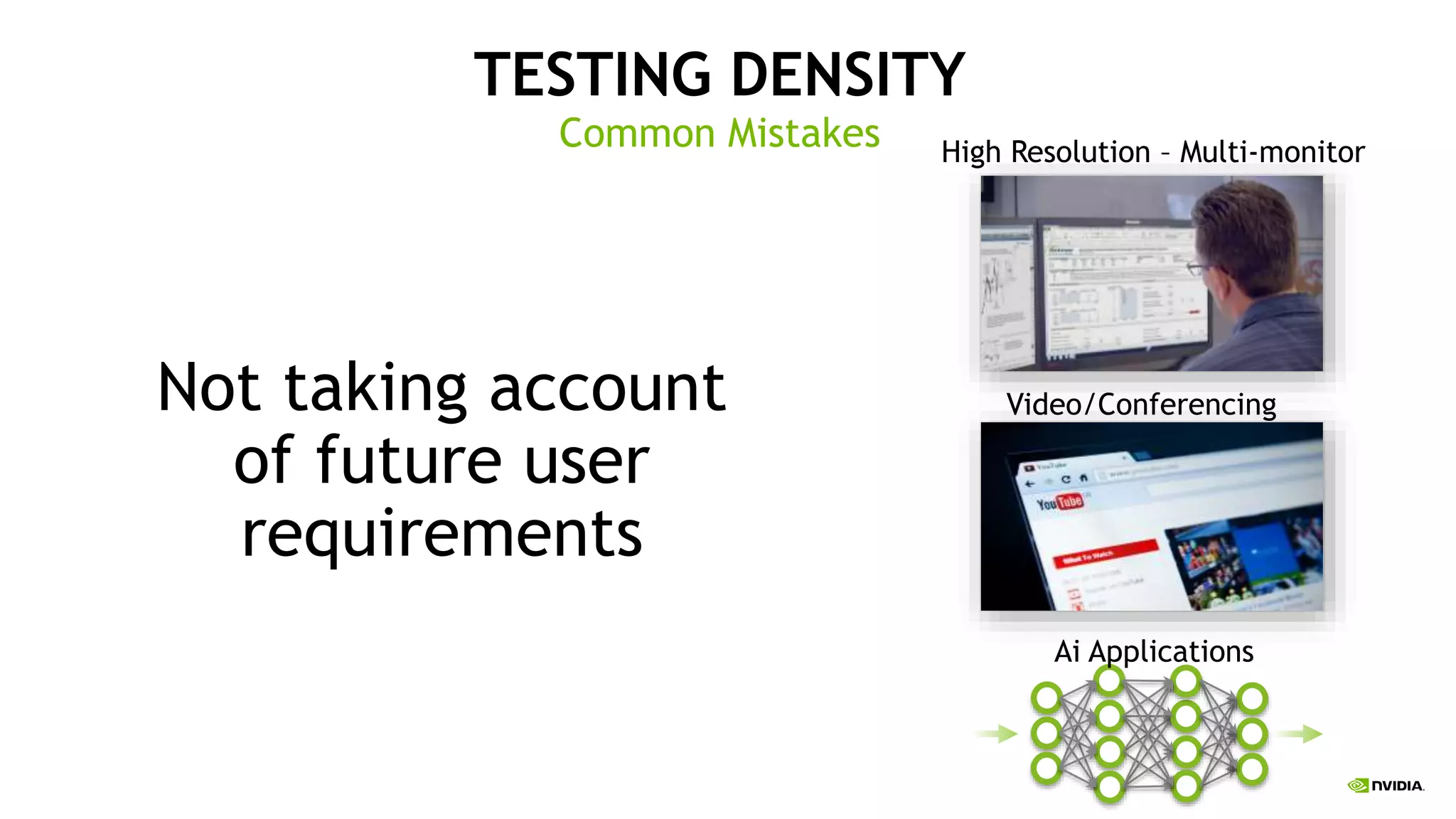 TESTING DENSITY
Common Mistakes
Not taking account
of future user
requirements
Ai Applications
High Resolution – Multi-monitor
Video/Conferencing
 