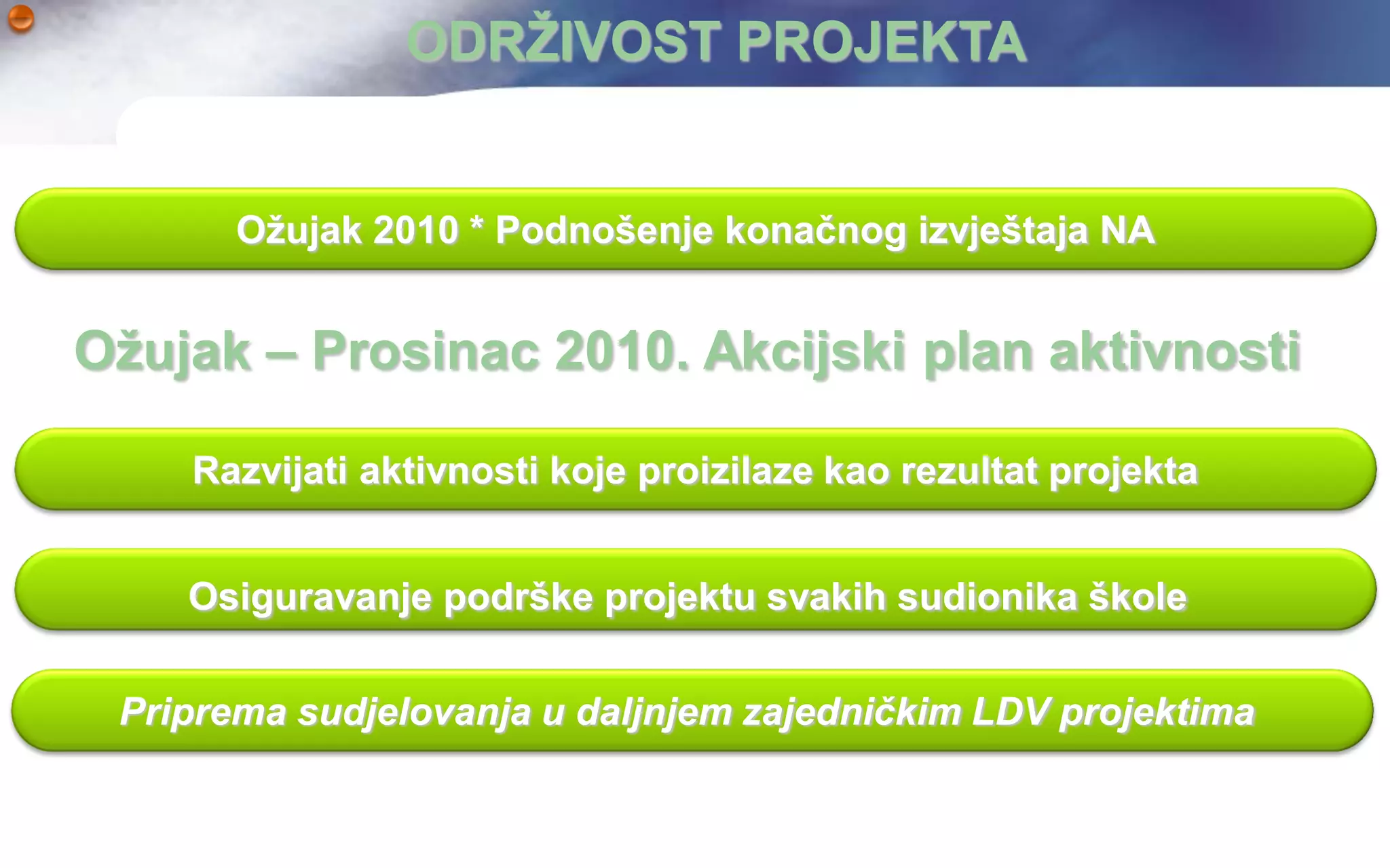 ODRŢIVOST PROJEKTA


       Oţujak 2010 * Podnošenje konačnog izvještaja NA


Oţujak – Prosinac 2010. Akcijski plan aktivnosti

    Razvijati aktivnosti koje proizilaze kao rezultat projekta


    Osiguravanje podrške projektu svakih sudionika škole

 Priprema sudjelovanja u daljnjem zajedničkim LDV projektima
 