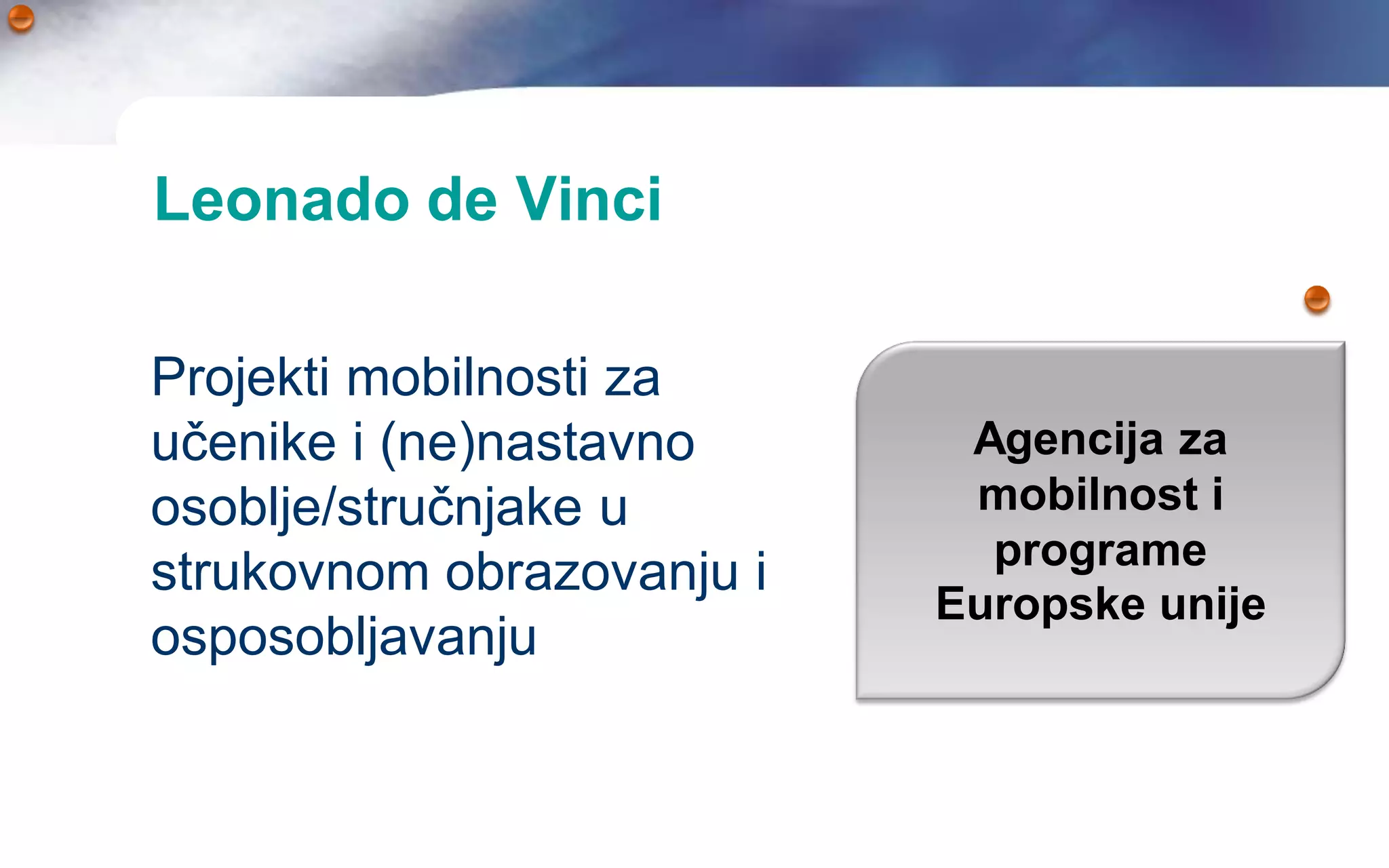 Leonado de Vinci

Projekti mobilnosti za
učenike i (ne)nastavno      Agencija za
osoblje/stručnjake u        mobilnost i
                             programe
strukovnom obrazovanju i
                           Europske unije
osposobljavanju
 