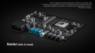 58
Xavier (ASIL-D rated)
“Our in-depth technical assessment confirms the Xavier SoC
architecture is suitable for use in autonomous driving applications and
highlights NVIDIA’s commitment to enable safe autonomous driving”;
TÜV SÜD, Germany
 