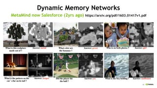 62
Dynamic Memory Networks
MetaMind now Salesforce (2yrs ago) https://arxiv.org/pdf/1603.01417v1.pdf
 