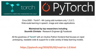79
Circa 2000 - Torch7 - 4th (using odd numbers only 1,3,5,7)
Web-scale learning in speech, image and video applications
Maintained by top researchers including
Soumith Chintala - Research Engineer @ Facebook
All the goodness of Torch7 with an intuitive Python frontend that focuses on rapid
prototyping, readable code & support for a wide variety of deep learning models.
https://pytorch.org/2018/05/02/road-to-1.0.html
 