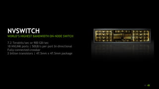 89
NVSWITCH
WORLD’S HIGHEST BANDWIDTH ON-NODE SWITCH
7.2 Terabits/sec or 900 GB/sec
18 NVLINK ports | 50GB/s per port bi-directional
Fully-connected crossbar
2 billion transistors | 47.5mm x 47.5mm package
 