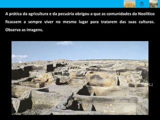 A prática da agricultura e da pecuária obrigou a que as comunidades do Neolítico
ficassem a sempre viver no mesmo lugar para tratarem das suas culturas.
Observa as imagens.
Que nome se dá ao modo de vida das comunidades do Neolítico?
As alterações ocorridas no modo de vida destas
populações foram de tal modo importantes que
os historiadores consideram que ocorreu uma
revolução: a revolução neolítica.
Ruínas da aldeia de Çatal Hüyük (Anatólia, 6000 a. C.)Reconstituição da aldeia de Çatal Hüyük
 