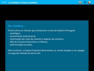 23/26
Em resumo…
Foram vários os motivos que conduziram à crise do Império Português:
- naufrágios;
- concorrência internacional;
- reanimação das rotas do Levante e ataques de corsários;
- falta de recursos financeiros e militares;
- administração corrupta.
Pelo contrário, o Império Espanhol desenvolveu-se, tendo atingido o seu apogeu
na segunda metade do século XVI.
O COMÉRCIO À ESCALA MUNDIAL
 